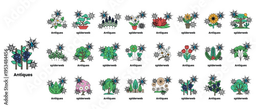 Colorful, stylized plants with whimsical flowers and leaves