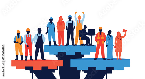 Illustration of diverse workers standing on interlocking puzzle pieces in bright colors against a white background.