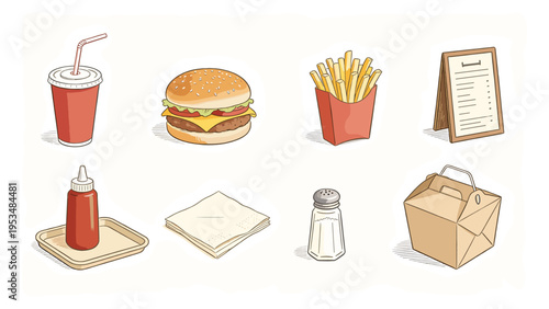 A complete collection of various food and beverage set elements, featuring fast-food essentials for menus