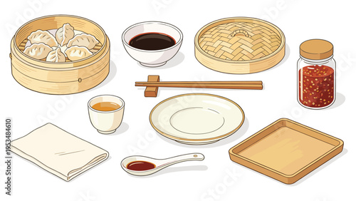 An elegant collection of various traditional Asian food and beverage elements for a delicious dim sum dining experience
