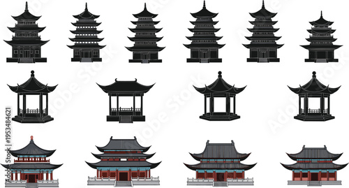 Pagoda pavilion temple silhouette illustration set, East Asian architecture artwork, cultural heritage design, traditional building graphic, ornamental roof concept scene