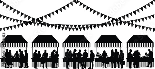 Outdoor market silhouette collection, fair outline figure, vendor stall motif illustration, festival icon art, community design graphic, social commerce symbol
