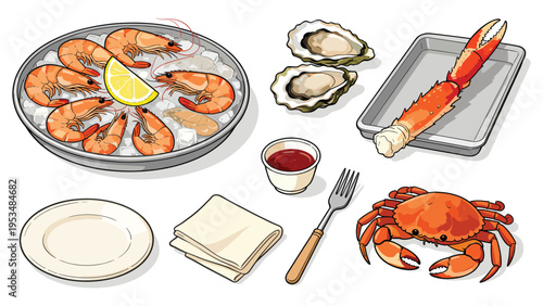 Collection of gourmet seafood fresh shrimp, raw oysters, and succulent crab, with elegant dining items