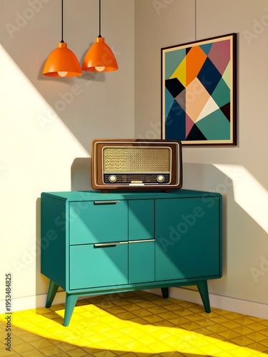 Vibrant Mid-Century Modern Interior with Vintage Radio, Teal Cabinet, and Geometric Decor