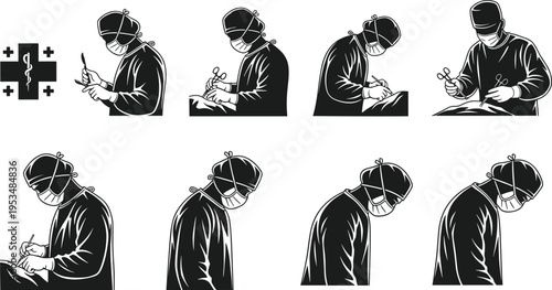 Surgeon operation silhouette illustration set, medical procedure artwork, healthcare profession design, surgical precision graphic, hospital treatment concept scene
