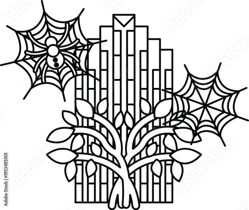 Spiderwebs drape stylized tree branches
