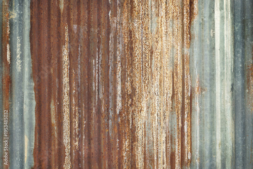 Old zinc wall texture background, rusty on galvanized metal panel sheeting.