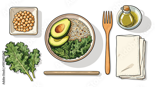 Set elements various food collection featuring fresh vegan ingredients for a balanced meal preparation or healthy eating habits