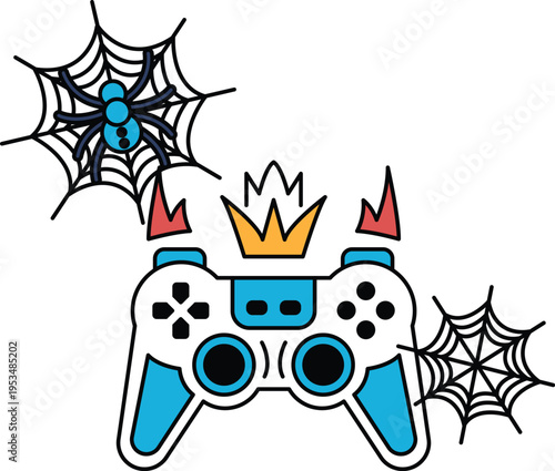 Gamepad wears crown, surrounded by spooky webs