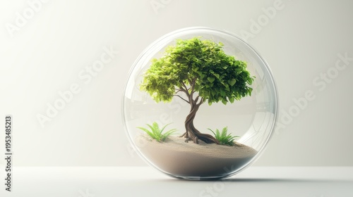 A vibrant tree inside a glass terrarium.