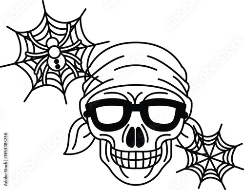 Skull wears sunglasses and bandana, smiling broadly