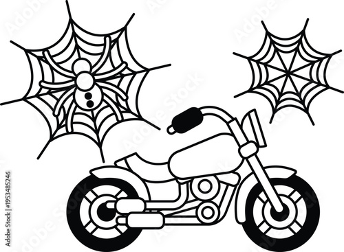Motorcycle stands beneath two spiderwebs