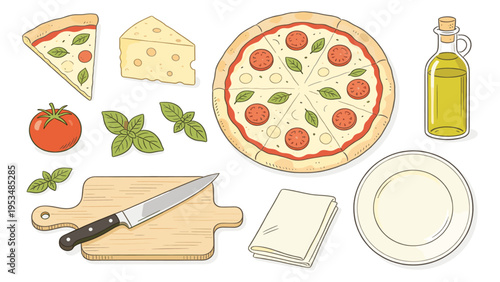 Set Elements Various Food and Beverage Collection Featuring Classic Pizza, Fresh Ingredients, and Kitchen Tools