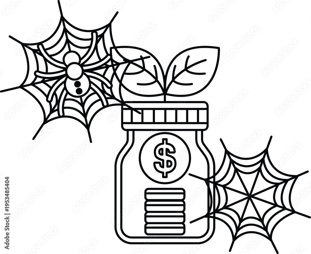 Fototapeta premium Spiderwebs frame a jar holding money and growing leaves