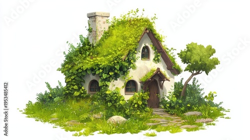 A whimsical cottage covered in green foliage.