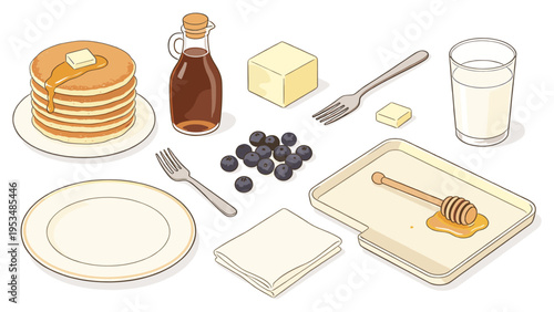 Set elements various food and beverage collection featuring breakfast pancakes, blueberries, honey, and milk for a delightful meal