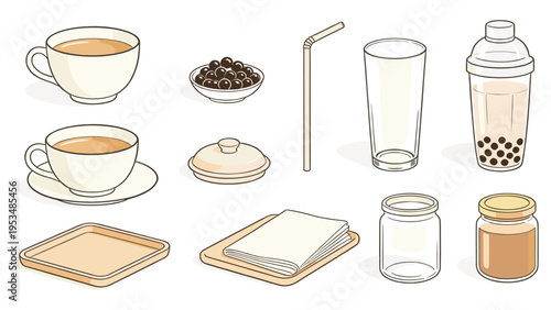 Comprehensive graphic collection featuring various food and beverage preparation elements and serving items for culinary concepts