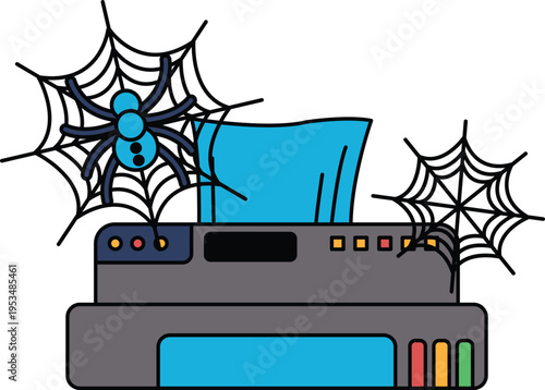 Spider webs dangle beside a vintage printer