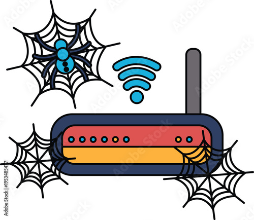 Spiders spin webs around a wireless router