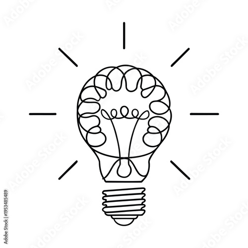 Vector of a lit light bulb with a brain depicted inside the glowing filament