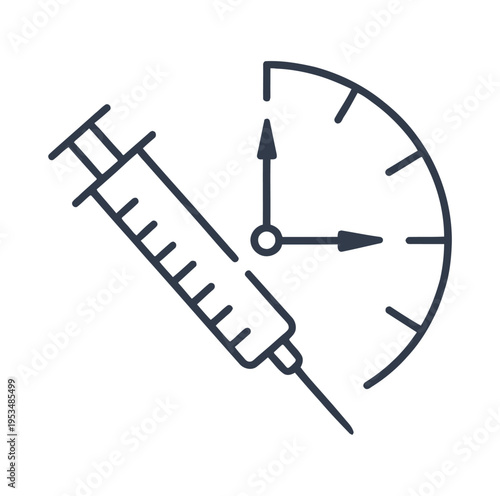 Vector of a syringe positioned over a half-circle clock indicating time or scheduling