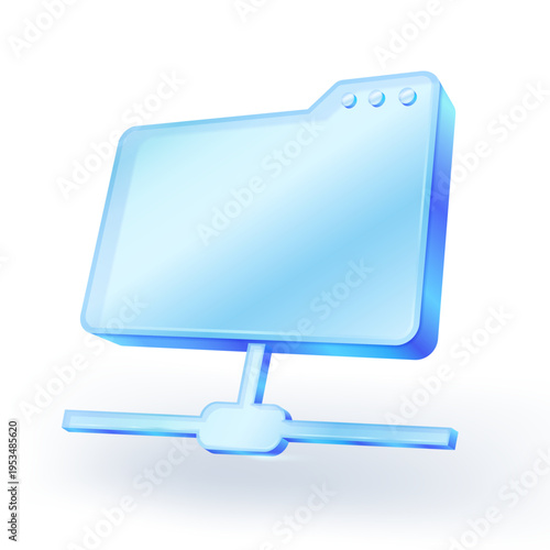 Glossy 3D blue glass folder icon representing network computing, LAN connection, and data transfer technology on a white background. Modern digital infrastructure symbol. vector illustration.