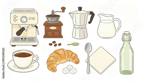 Complete collection of coffee brewing equipment, delightful breakfast pastries, and various beverage items