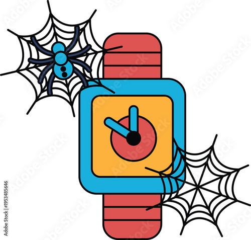 Spooky spiderwebs cling to a square watch face