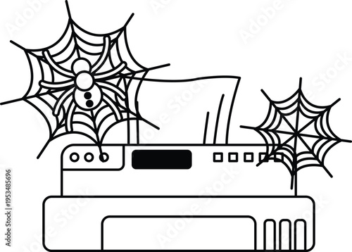 Spider webs dangle beside a vintage printer