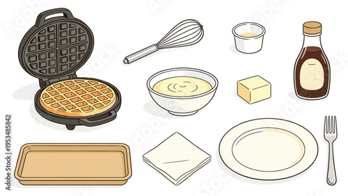 A comprehensive culinary set elements various food and beverage collection featuring waffle preparation items for homemade delights