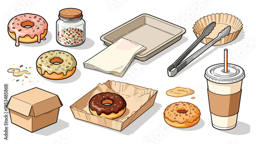 A set elements various food and beverage collection featuring delightful donuts, baking tools, coffee, and packaging