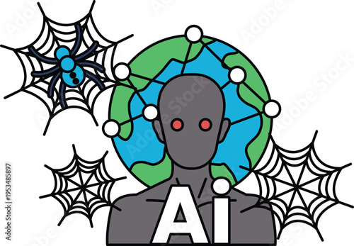 Headless figure sits center, surrounded by webs and neural connections