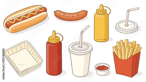 A comprehensive collection of various fast food and beverage elements, featuring iconic snacks, condiments, and drinks arranged as a versatile set