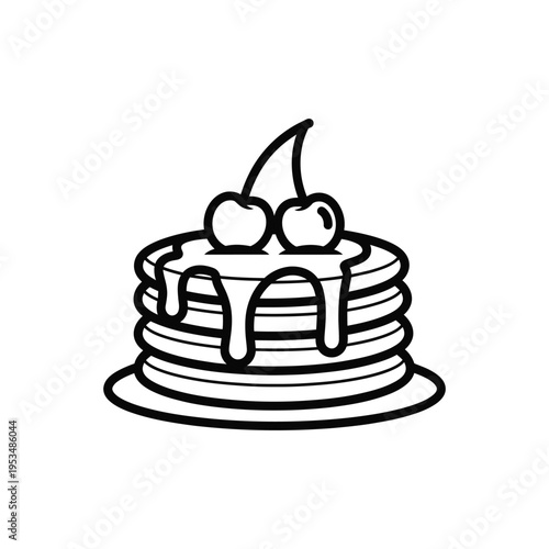 A stack of pancakes topped with syrup and cherries on a plate indoors