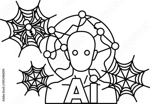 Headless figure sits center, surrounded by webs and neural connections