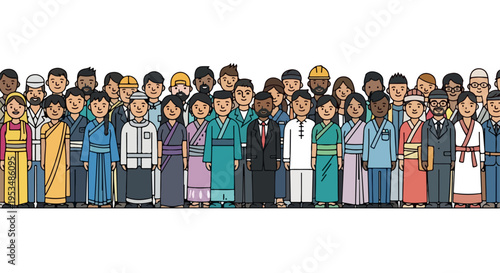 Illustration of a diverse crowd of people standing in a row, wearing traditional clothing from various cultures against a plain white background with a vibrant and multicultural mood.