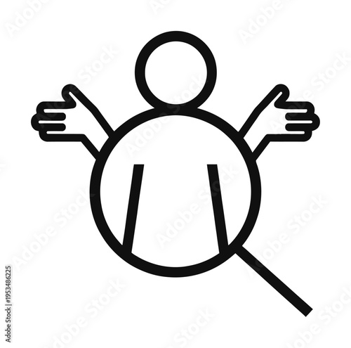 Minimalist vector featuring a stylized human figure holding a magnifying glass to closely inspect something