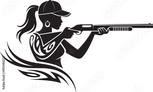 Woman silhouette aiming shotgun, wearing cap, tribal design on arm, active lifestyle and sport