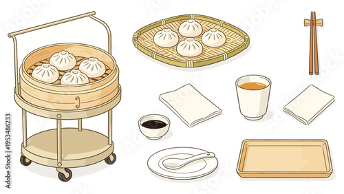 A delightful set of various food and beverage collection elements for an Asian dining experience, beautifully illustrated
