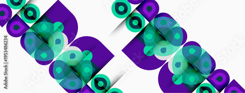 Abstract pattern features repeating purple shapes with teal circles. Design appears modern, geometric, minimalist. White background provides contrast.