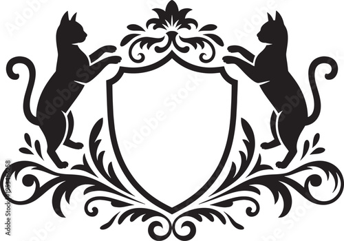 Two feline silhouettes stand on hind legs flanking an ornate shield and decorative flourishes