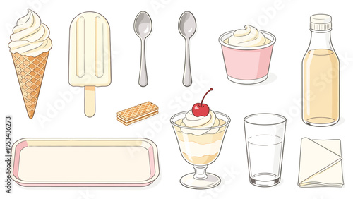Delightful set of sweet vanilla ice cream, dairy items, and beverage elements with serving accessories