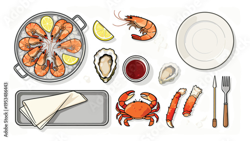 An exquisite set elements of a diverse food and beverage collection, featuring fresh seafood items