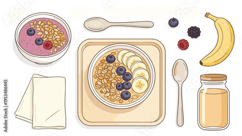 Healthy Breakfast Food Collection with Granola Bowls, Fresh Fruits, Honey, and Serving Utensils Set