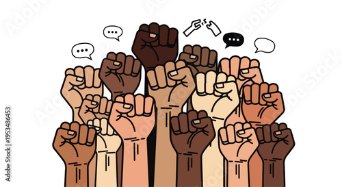 Illustration of diverse raised fists in various skin tones with speech bubbles on a white background, symbolizing unity and solidarity.