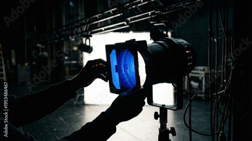 Silhouette of hands adjusting a stage light with a blue gel filter in a theater setting. Generative AI.