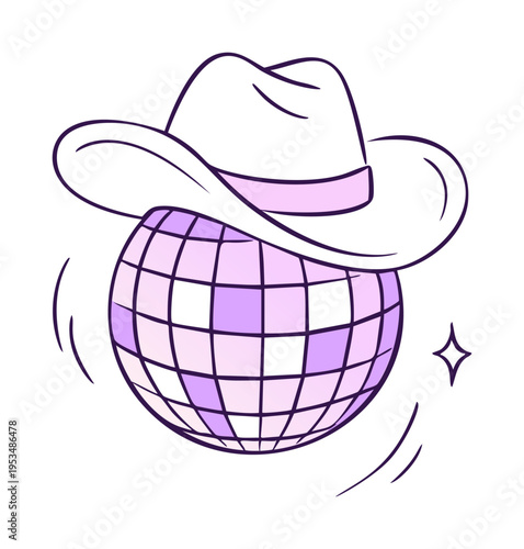 Ball hat club with disco purple cowgirl and vector bachelorette party. Vinyl dance drawn with retro print american and logo mirror groovy. Purple valentines ball with disco day colorful.