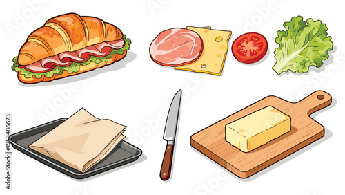 A graphic set of elements featuring various food ingredients and a delicious croissant sandwich collection