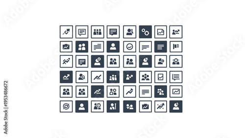 Grid of various business and data icons within squares, representing a comprehensive set of analytical and operational concepts.