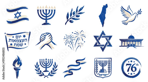 Collection of Israeli Independence Day symbols including the flag, menorah, olive branch, map of Israel, dove, handshake, fireworks, Star of David, and torch.